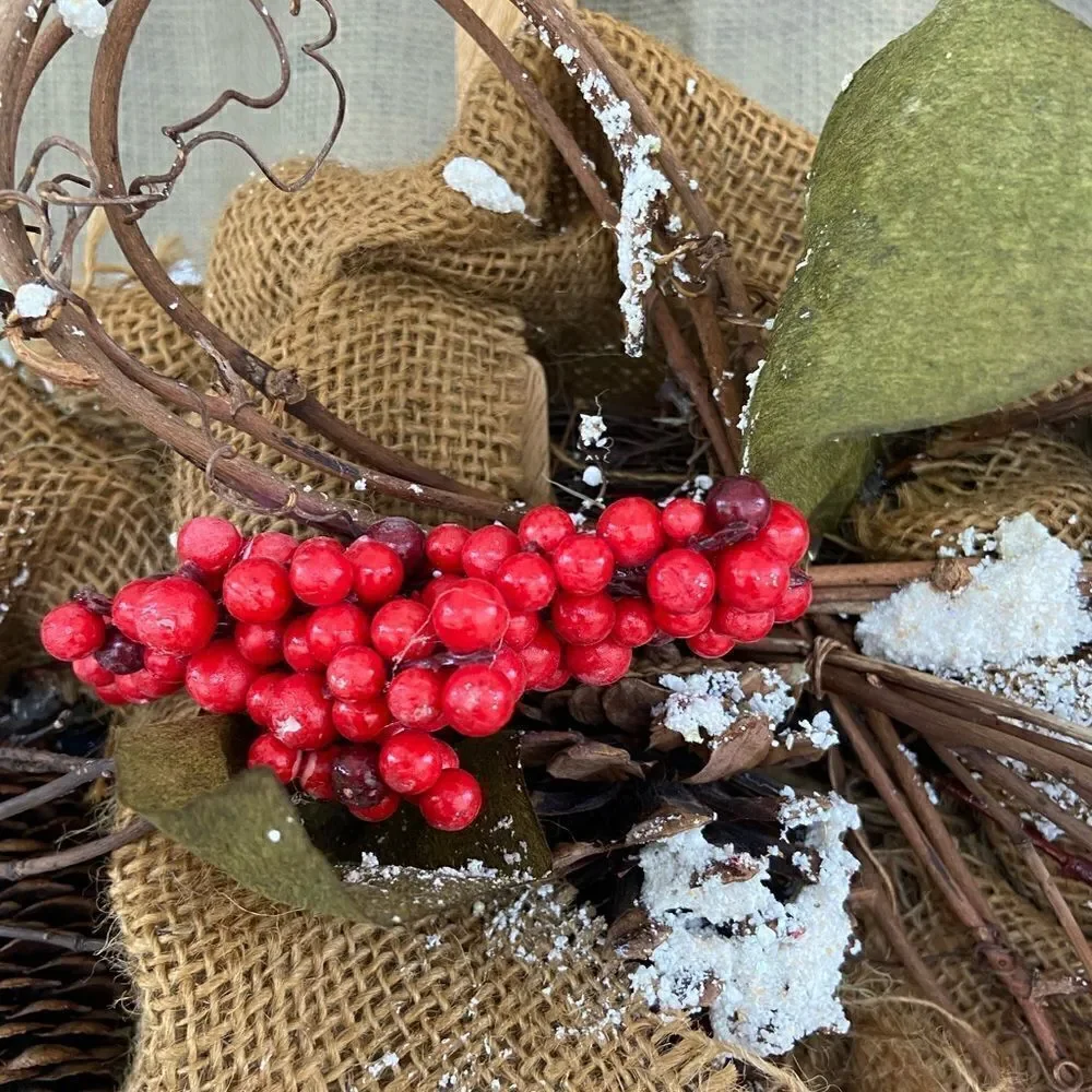 Woodland Christmas Wreath with Pinecones Burlap Twine Faux Berries FARMHOUSE 20”